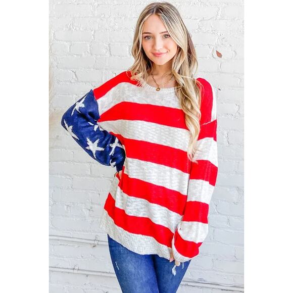 And The Why American Flag Pattern Long Sleeves Oversized Pullover Sweater | Red - Picture 8 of 9